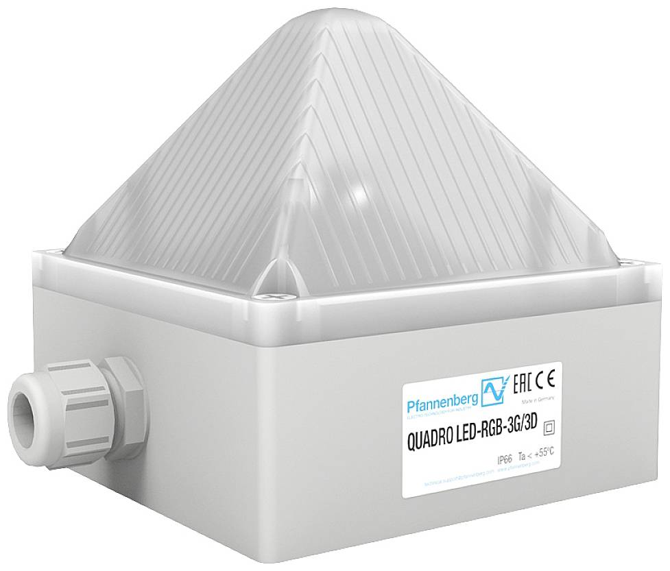 Šedý, pyramidový LED kryt s nápisem 'Pfannenberg LED-RGB-3G/3D'. Vhodný pro průmyslové aplikace. Stupeň krytí IP66.