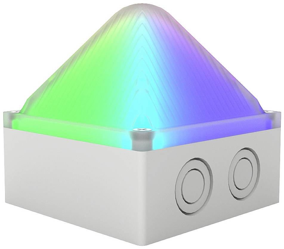 Čtvercové, bílé zařízení s vícebarevně svítící horní stranou ve tvaru pyramidy a dvěma kulatými přípojkami na boku.