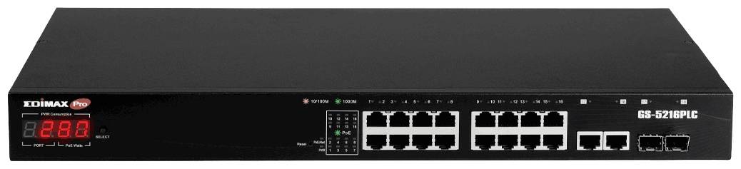 Černý síťový switch s 16 ethernetovými a 2 optickými porty na přední straně. Digitální displej zobrazuje '280'.