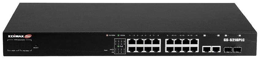 Síťový switch s 16 ethernetovými porty a dvěma optickými porty, model Edimax GS-5208PLG. Pohled zepředu ukazuje porty a stavové LED diody.