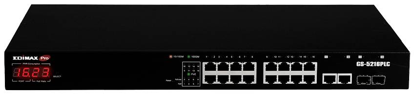 Černý síťový switch s několika ethernetovými porty na přední straně, vhodný pro profesionální použití v IT sítích.