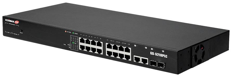 Černý síťový switch s několika ethernetovými porty a LED indikátory na přední straně. Model 'GS-5216PLC'.