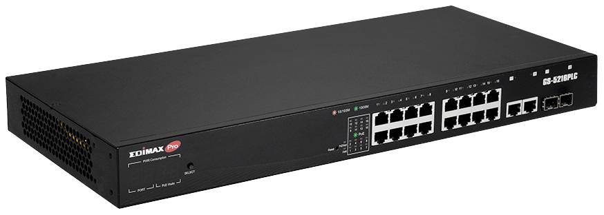 Černý síťový switch s několika ethernetovými porty a LED indikátory pro kontrolu stavu, označený nápisem 'EDIMAX'.