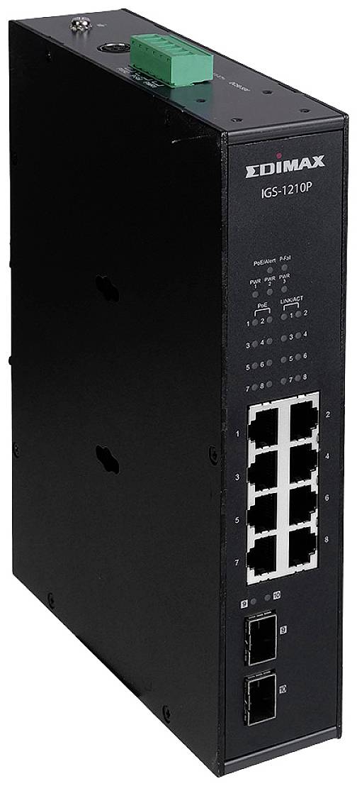 Černý síťový switch s dvanácti ethernetovými porty a zeleným napájecím konektorem nahoře. Označený nápis „EDIMAX IGS-1210P".