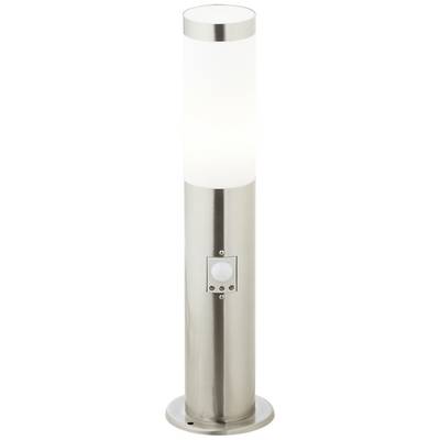 Stříbrná, válcovitá venkovní lampa s pohybovým senzorem a bílým osvětlovacím tělesem. Vhodná pro osvětlení cest nebo zahrad.