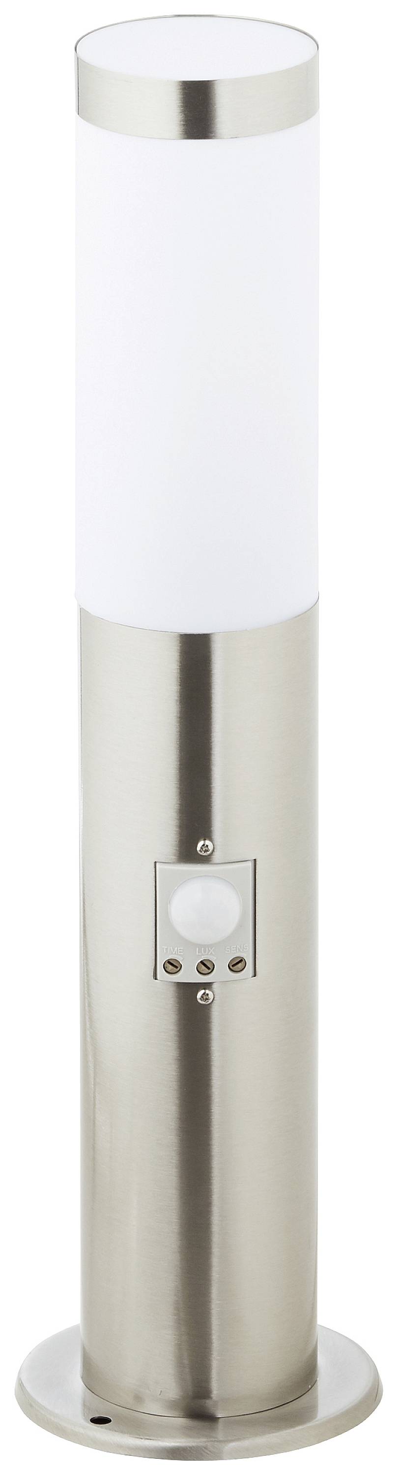 Moderní válcové venkovní svítidlo s pohybovým senzorem, stříbrné barvy, vhodné pro osvětlení zahrady nebo chodníku.