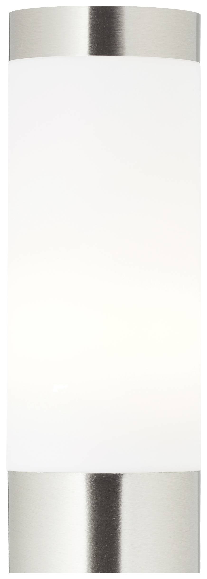 Válcové nástěnné svítidlo s bílým sklem a stříbrnými kovovými akcenty, vhodné do moderních interiérů.