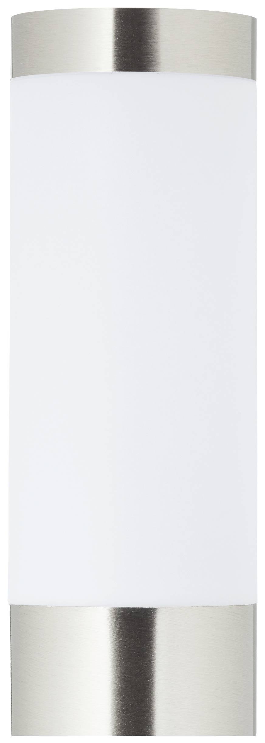 Válcové nástěnné svítidlo s bílým difuzorem a nerezovými koncovkami. Moderní styl vhodný pro vnitřní i venkovní prostory.