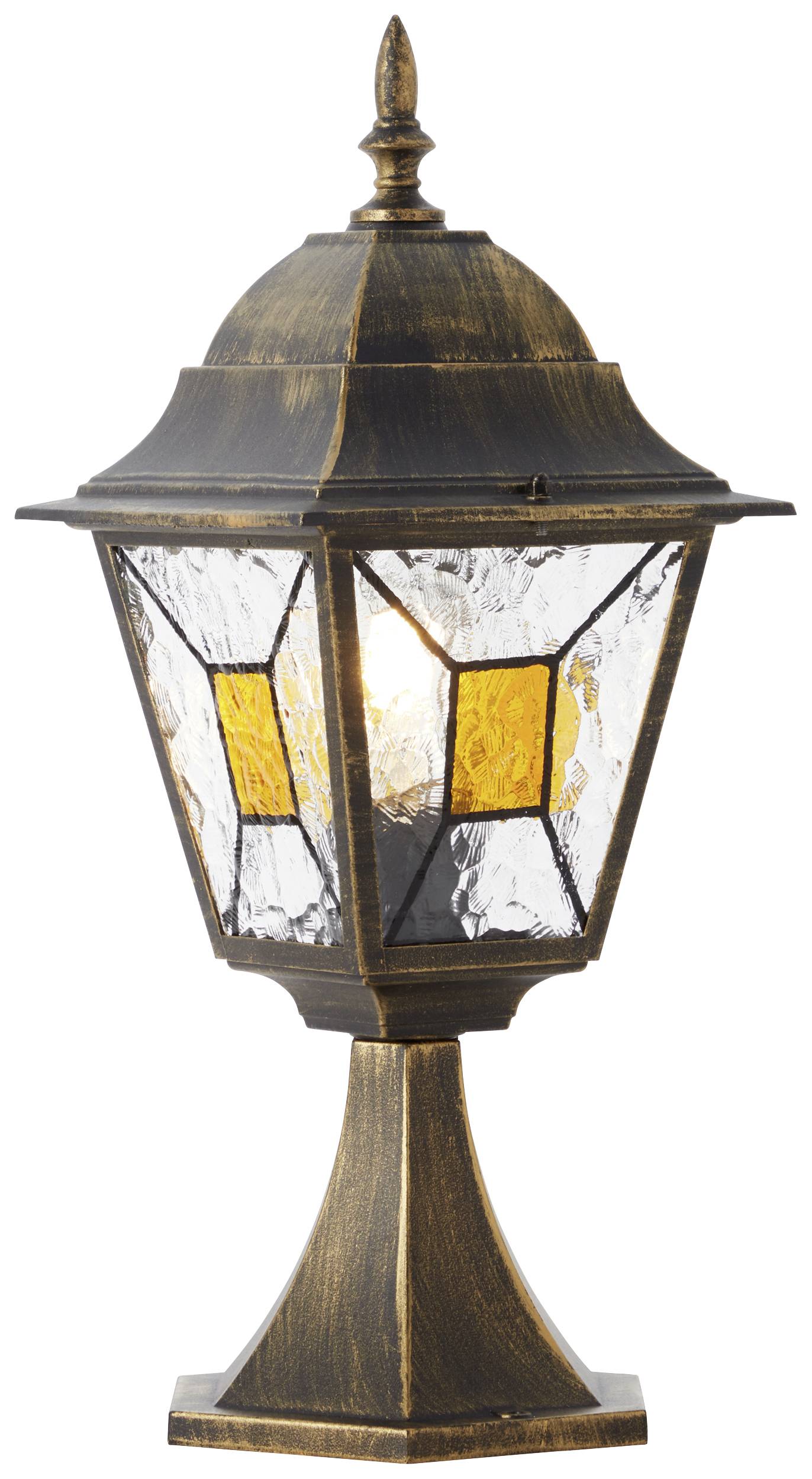 Bronzová lampa v antickém stylu se žlutými a čirými skleněnými výplněmi, stojící na dekorativním podstavci.