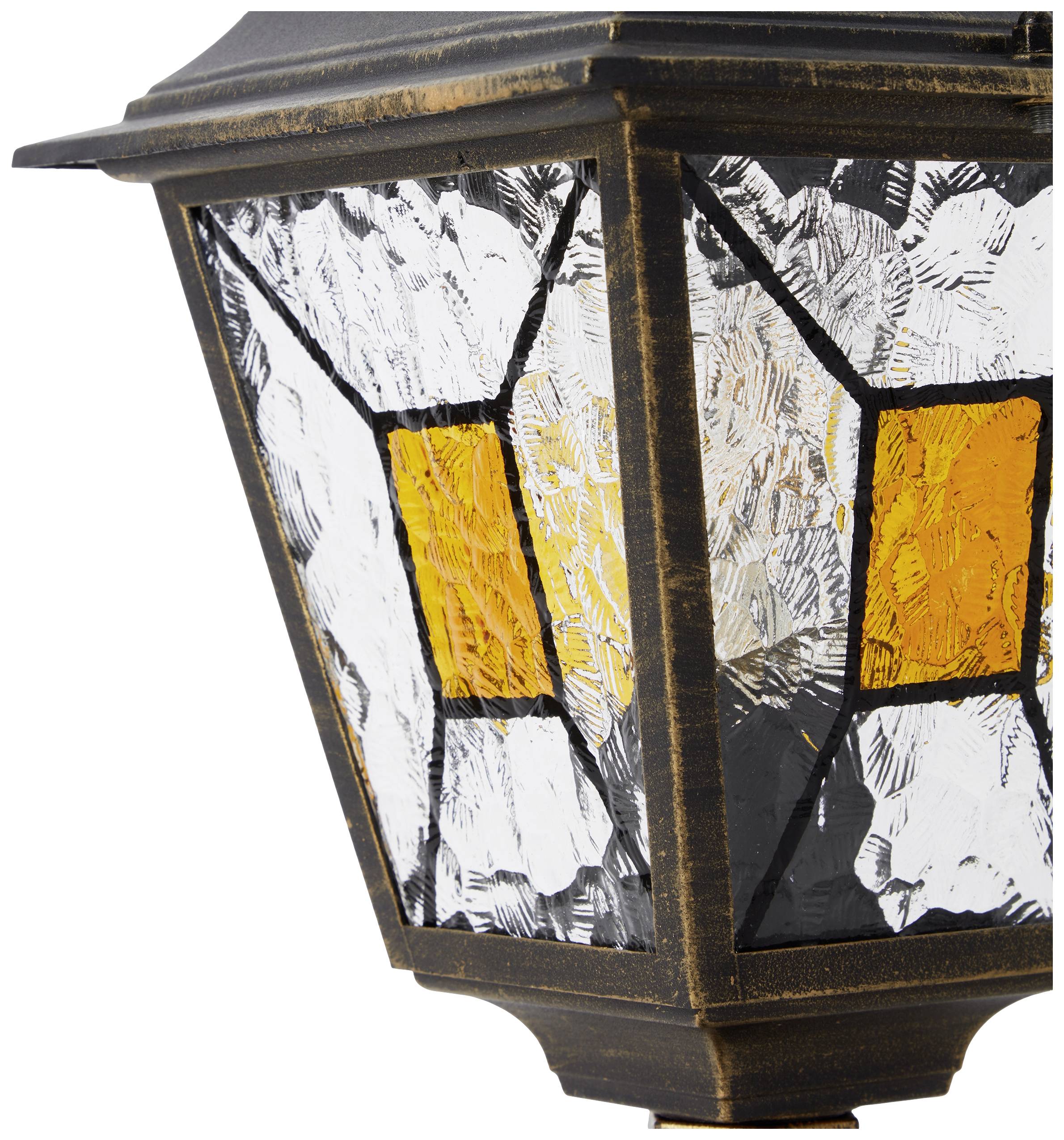 Venkovní lampa z kovu s dekorativními skleněnými vložkami v oranžové a čiré barvě. Klasický design, vhodný pro terasy nebo zahrady.