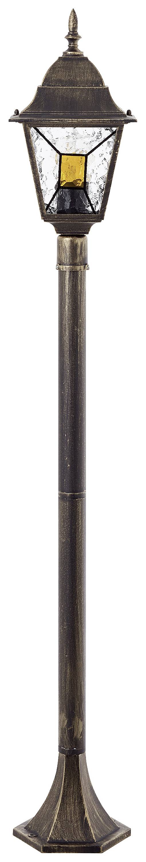 Stojací lampa z kovu v antickém designu se skleněnými detaily. Vhodná pro zahradní dekoraci nebo venkovní osvětlení.