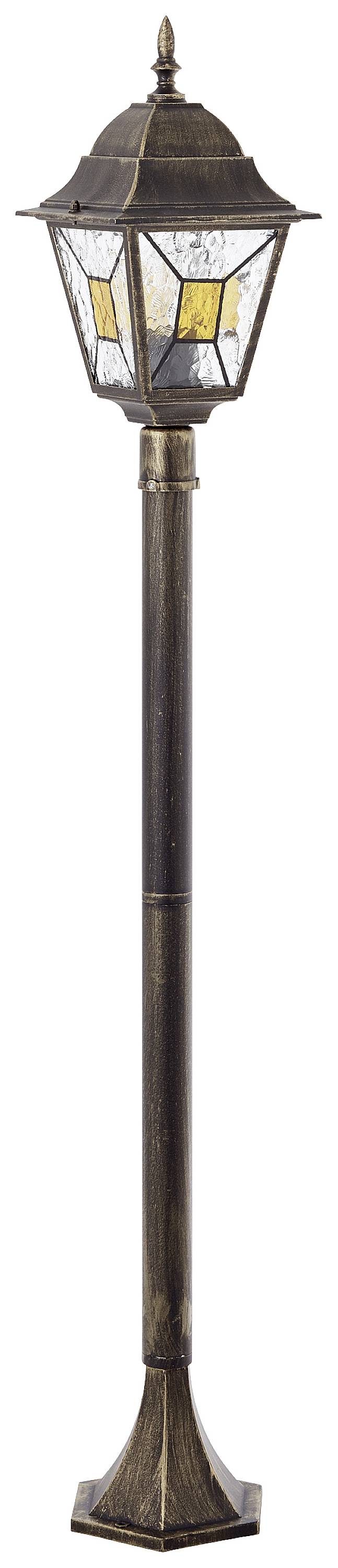 Stojící starožitná lampa s šestihranným stínítkem a dekorativními zlatými prvky.