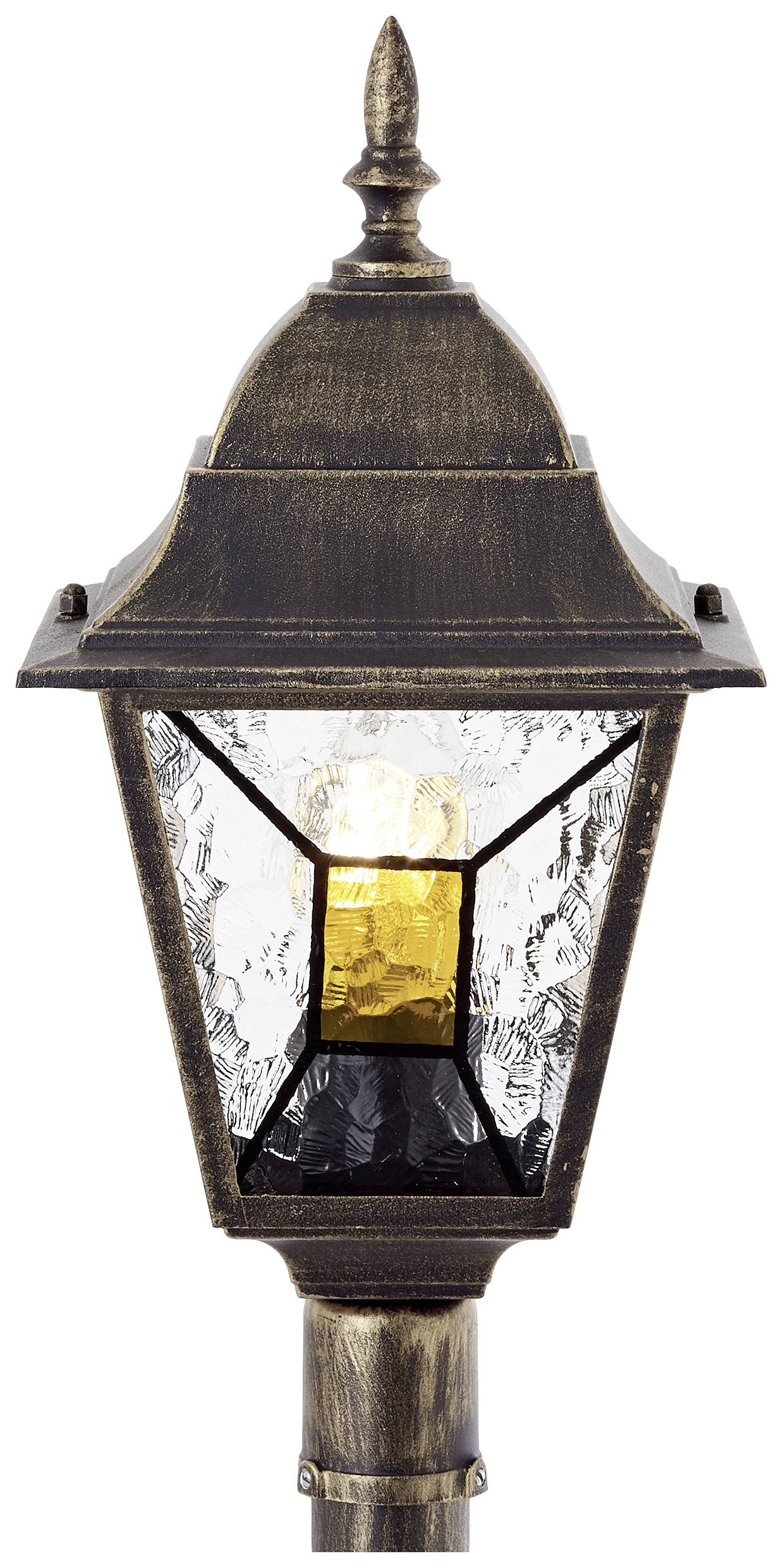 Antická, bronzová lucerna se žhnoucí žárovkou, dekorativním designem a vroubkovaným sklem, vhodná do exteriéru.