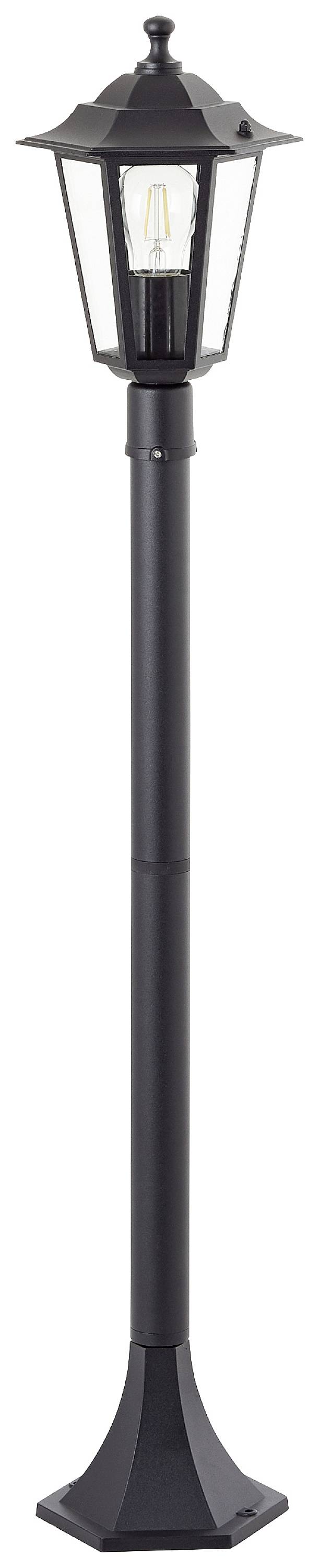 Černá klasická pouliční lampa z kovu, nastavitelná výška, s žárovkou uvnitř. Vhodná pro venkovní osvětlení.