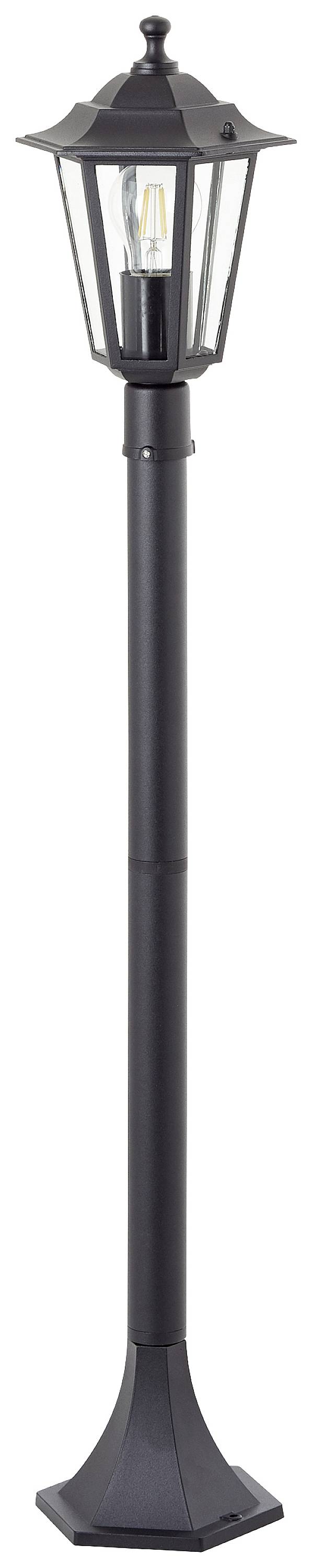 Černá pouliční lampa v klasickém designu se skleněným stínidlem a LED osvětlením, vhodná do venkovních prostor.