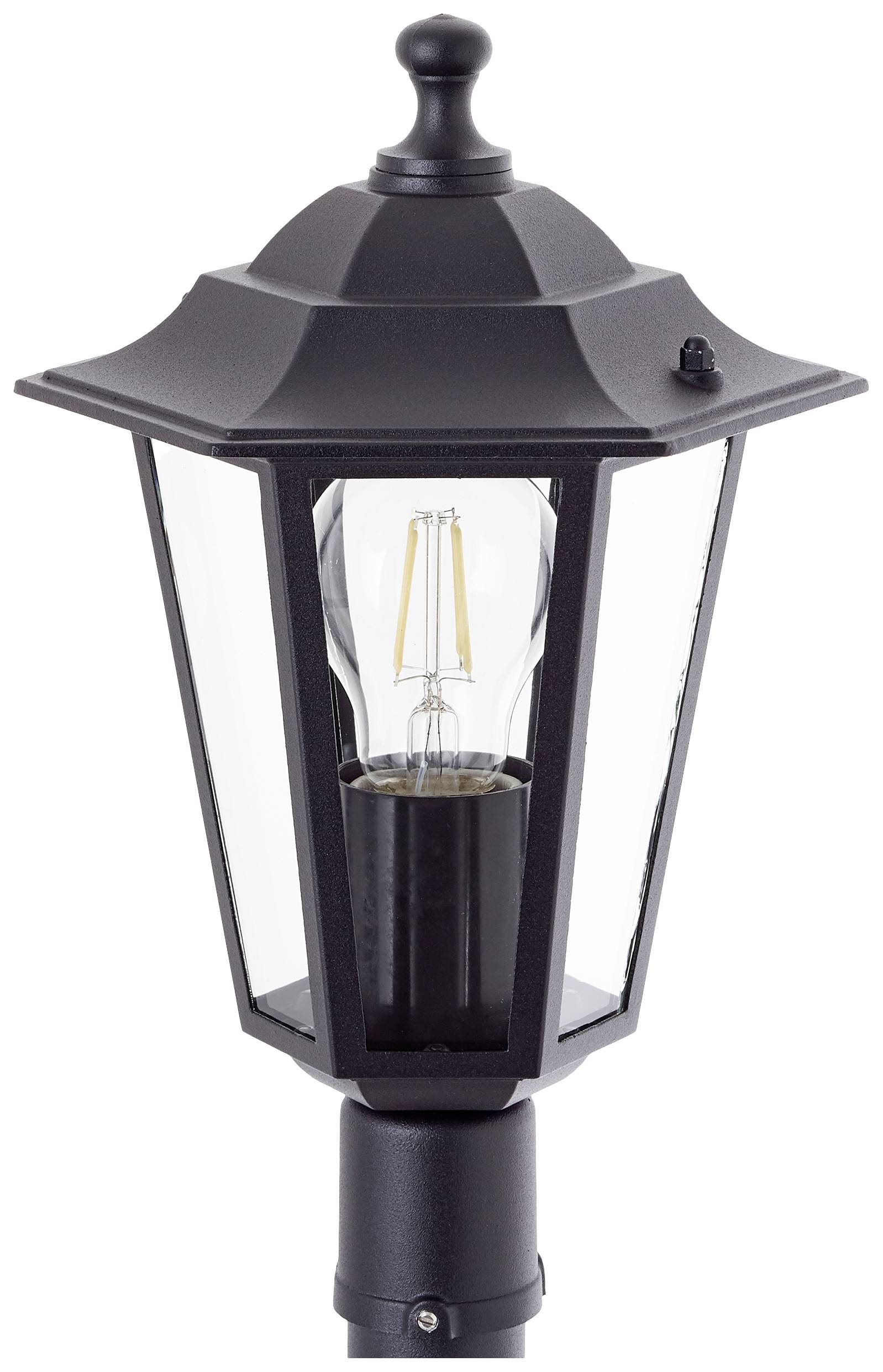 Černá šestiúhelníková lucerna s žárovkou a skleněným stínítkem, vhodná do exteriéru.
