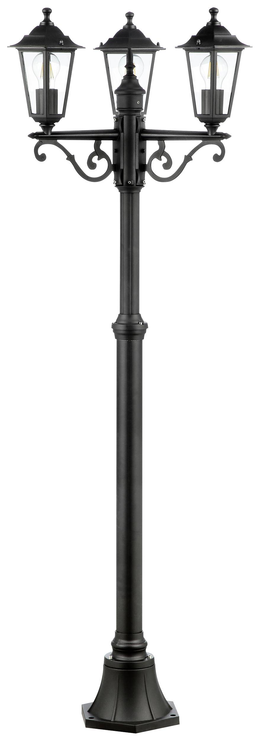 Černá lampa se třemi světly v klasickém designu, umístěná na vysokém podstavci. Ideální pro osvětlení venkovních prostor.