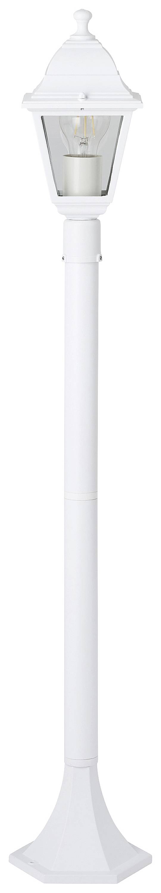 Bílá venkovní lucerna s čirým skleněným tělem, jednoduchý klasický design, vhodná pro osvětlení zahrady nebo cesty.