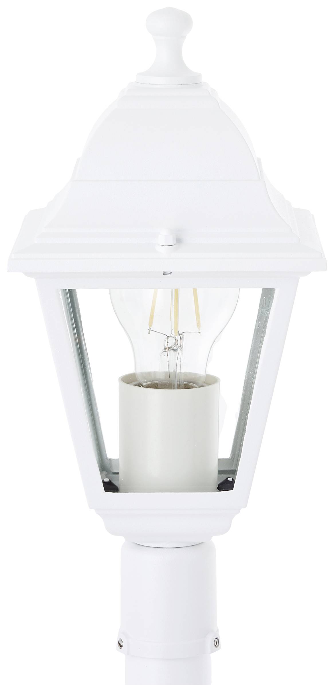 Bílá klasická pouliční lampa z kovu s viditelnou žárovkou ve střízlivém, elegantním designu.