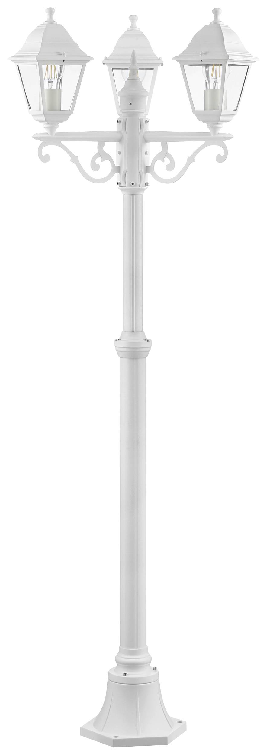 Bílá pouliční lampa se třemi stínidly, zdobená s precizními detaily, vhodná pro venkovní osvětlení.