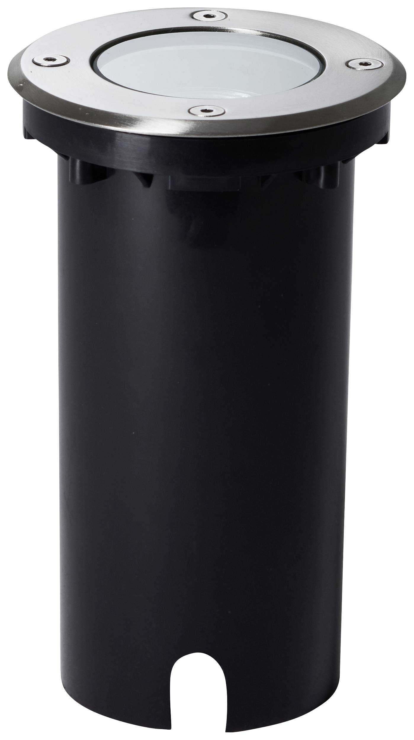 Zemní svítidlo z černého kovu s kulatým skleněným krytem, vhodné do exteriéru pro osvětlení cest nebo zahrad.