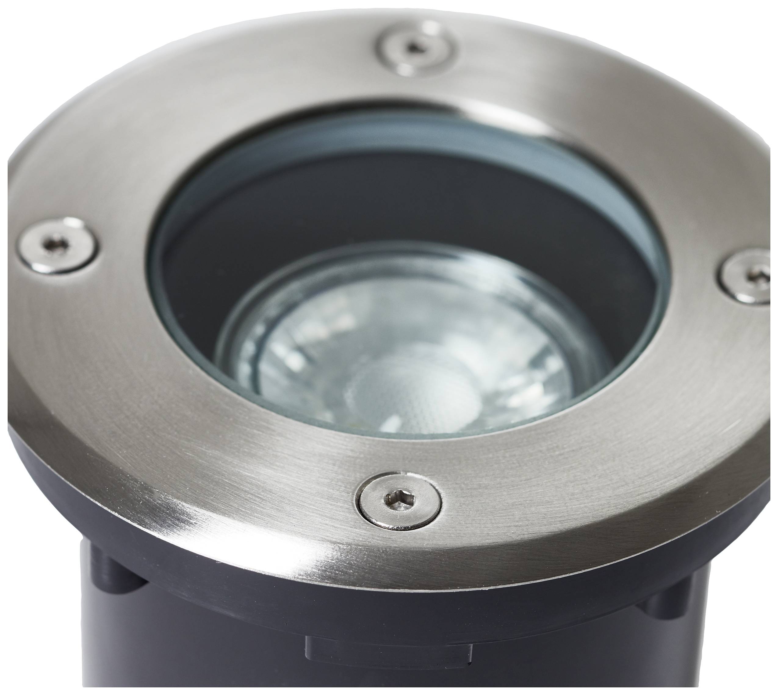 Kulaté zapuštěné venkovní osvětlení s robustním kovovým rámem a skleněným krytem, vhodné pro montáž na zemi ve venkovním prostoru.