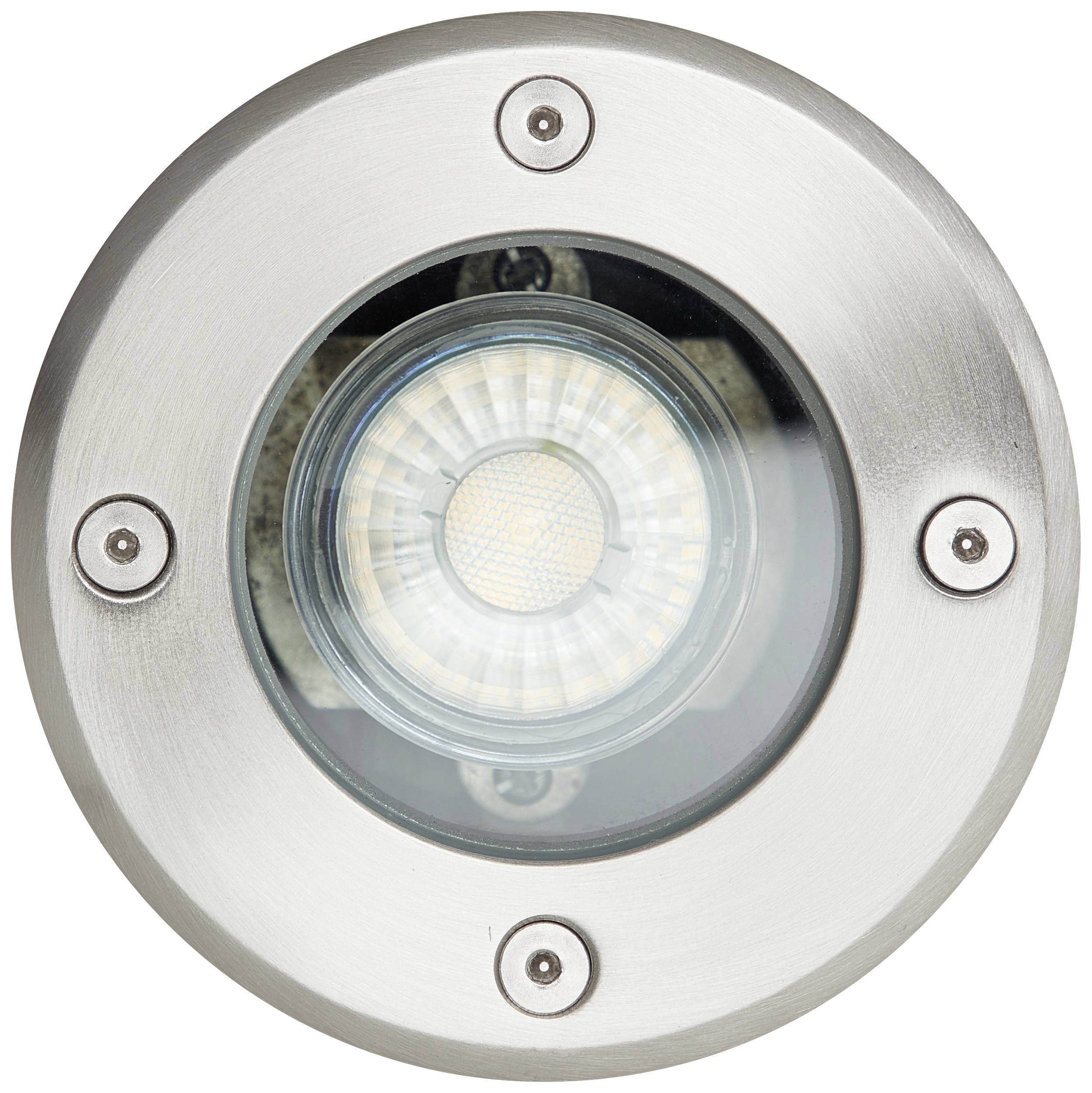 Kruhové LED podlahové svítidlo se stříbrným rámečkem z nerezové oceli. Má centrálně umístěnou čočku a čtyři viditelné šrouby.