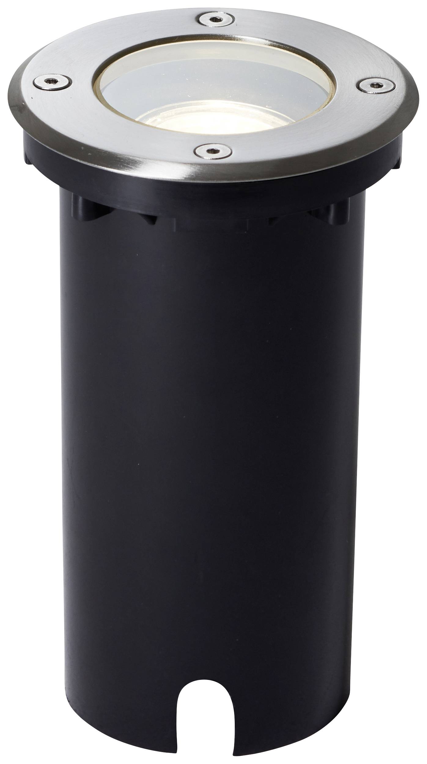 Kulatá černá vestavná svítidla se skleněným krytem, vhodná do exteriéru.