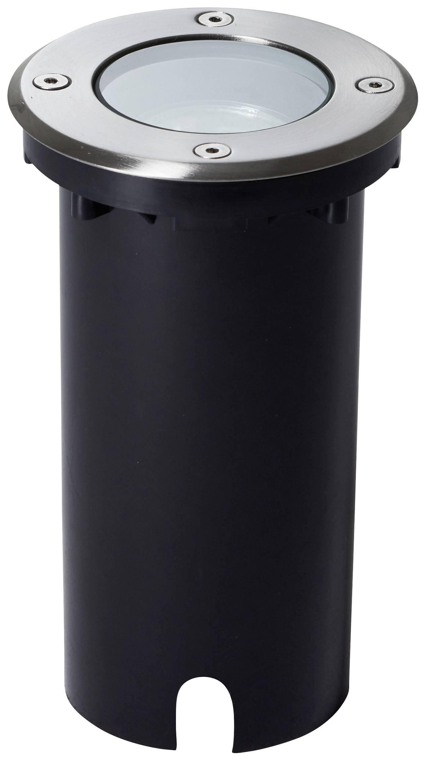 Kulatý zemní reflektor s nerezovým kroužkem a skleněným krytem, černý, vhodný pro venkovní osvětlení.