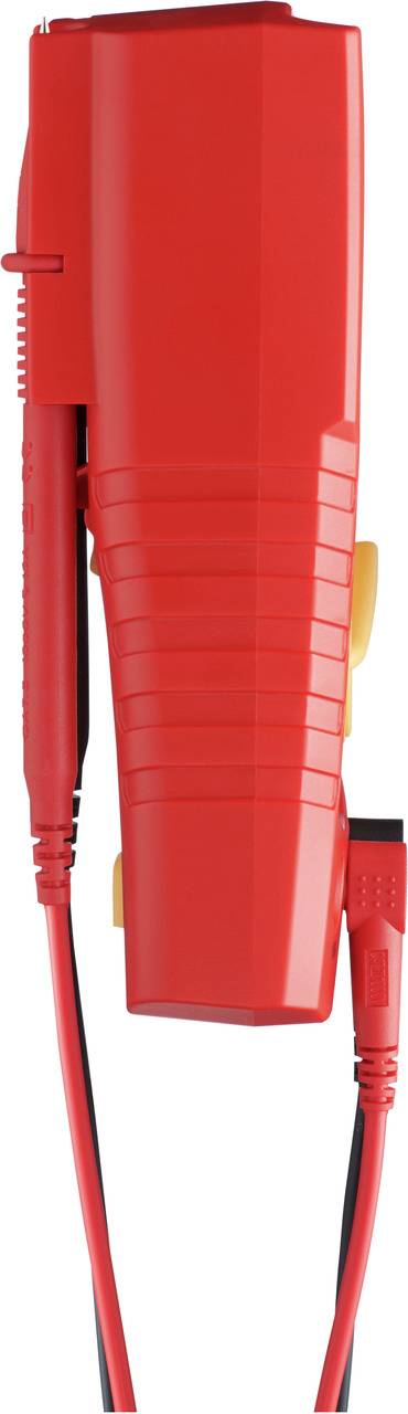 Červená měřicí sonda s kabely, ergonomický design. Používána pro elektrická měření, boční pohled.