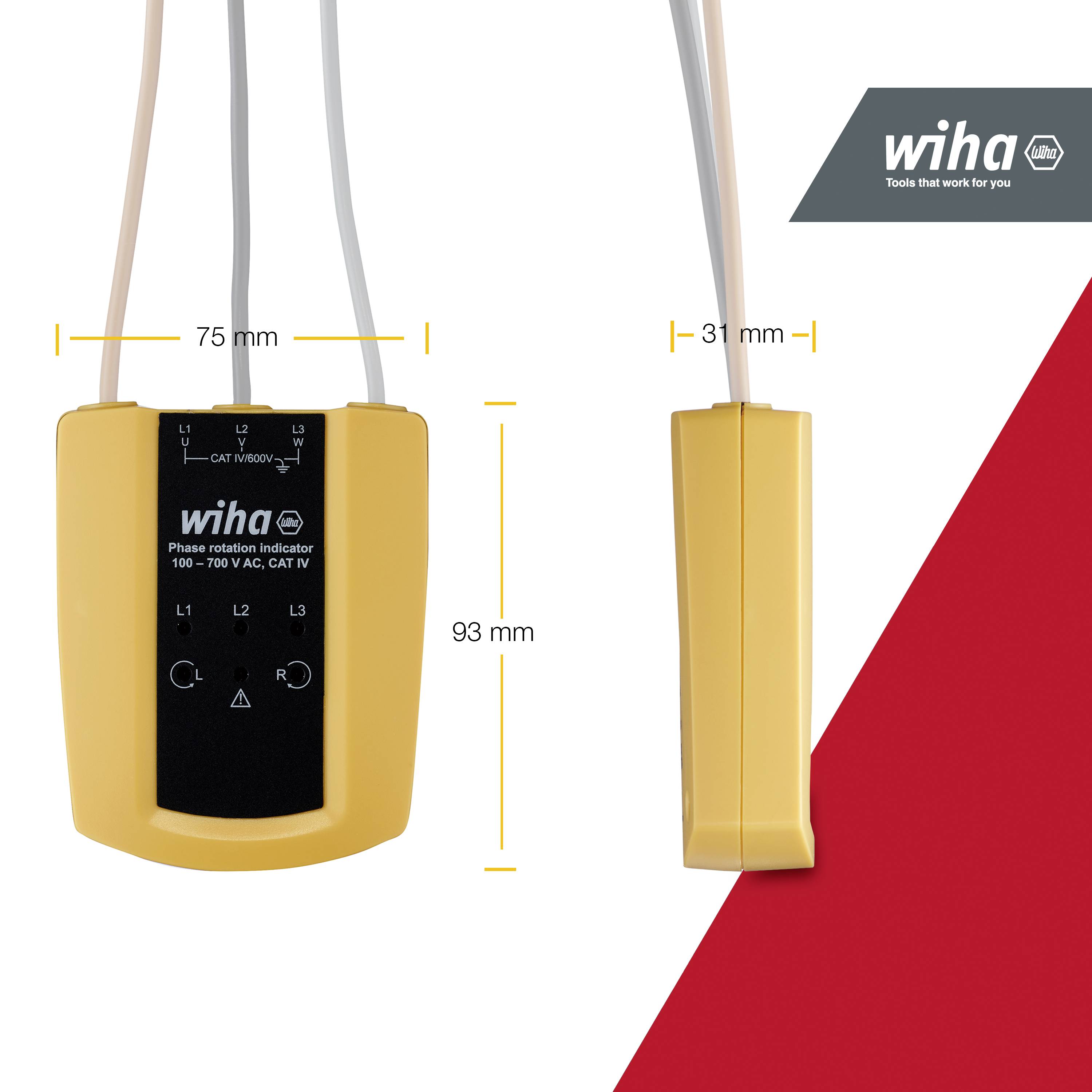 Žlutý fázový komparátor s rozměry: šířka 75 mm, hloubka 31 mm, výška 93 mm. Značka 'Wiha'. Zařízení pro elektrické testování.