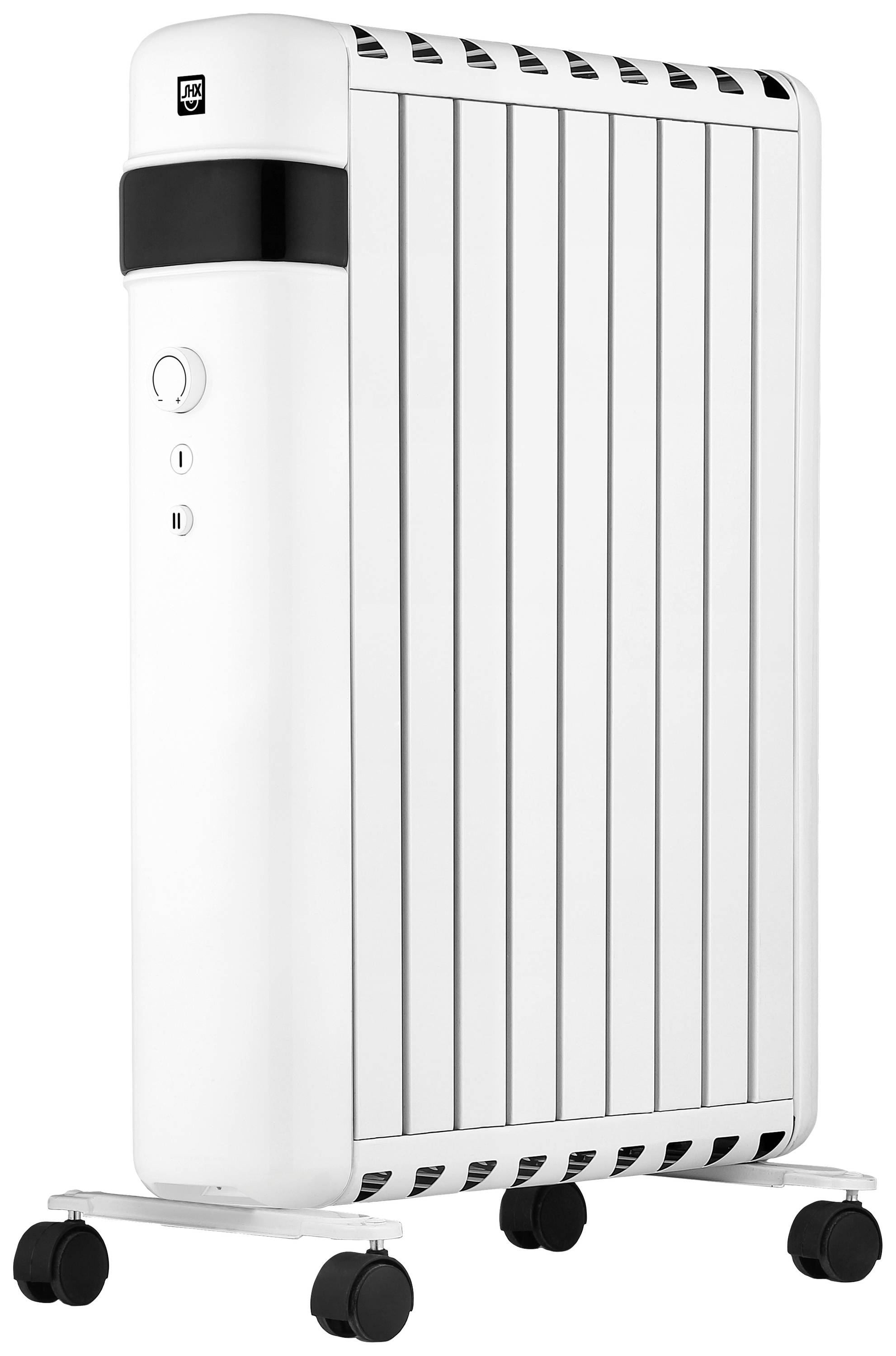 Bílý elektrický topný panel s kolečky a ovládacími prvky na přední straně, vhodný pro mobilní použití uvnitř budov.