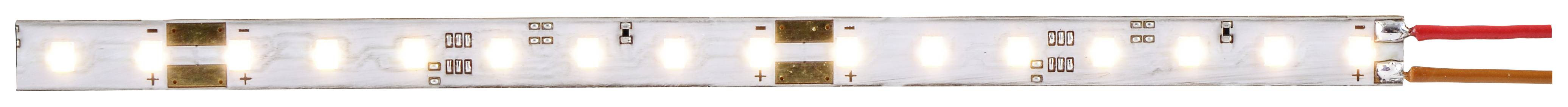 LED světelný pás s několika malými LED diodami a dvěma připojovacími kabely na pravé straně.
