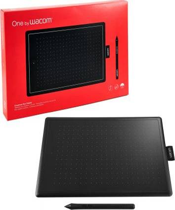 Grafický tablet 'One by Wacom' v červeném obalu, pod ním černý tablet s perem.