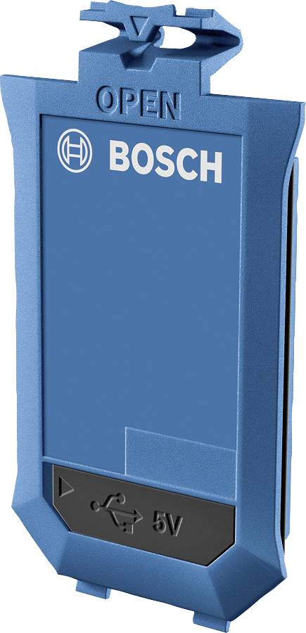 Modré příslušenství Bosch s nápisem 'OPEN' nahoře a symbolem USB a 5V dole, pravděpodobně elektrická nabíječka.
