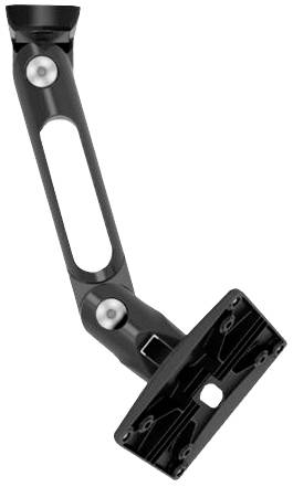 Černý nastavitelný monitor arm s několika kloubovými body a obdélníkovou svorkou, vhodný pro upevnění na psací stoly.