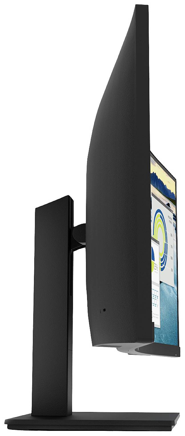 Štíhlý, moderní design počítačového monitoru z bočního pohledu se zobrazenými grafickými daty na obrazovce.