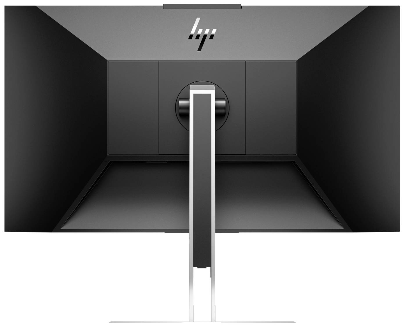 Počítačový monitor zezadu, černý se stříbrným stojanem. Kryt monitoru má jednoduché designové řešení.