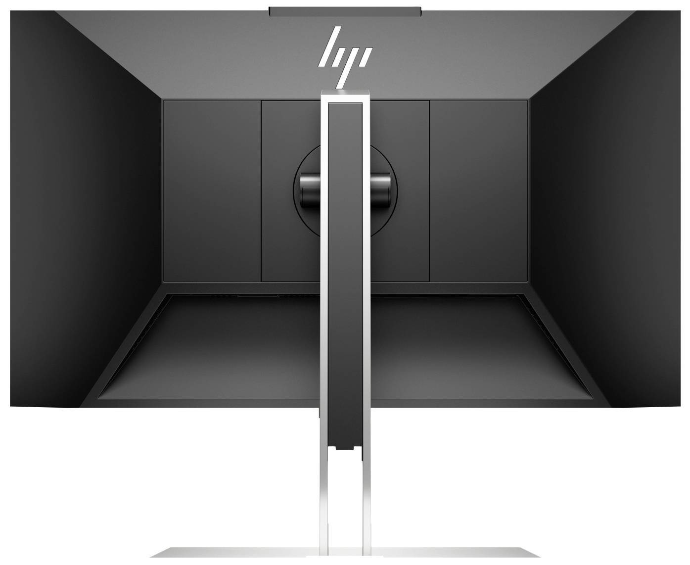 Pohled zezadu na černý monitor s nastavitelným stojanem, s výrazným zaměřením na design a čisté linie skříně.
