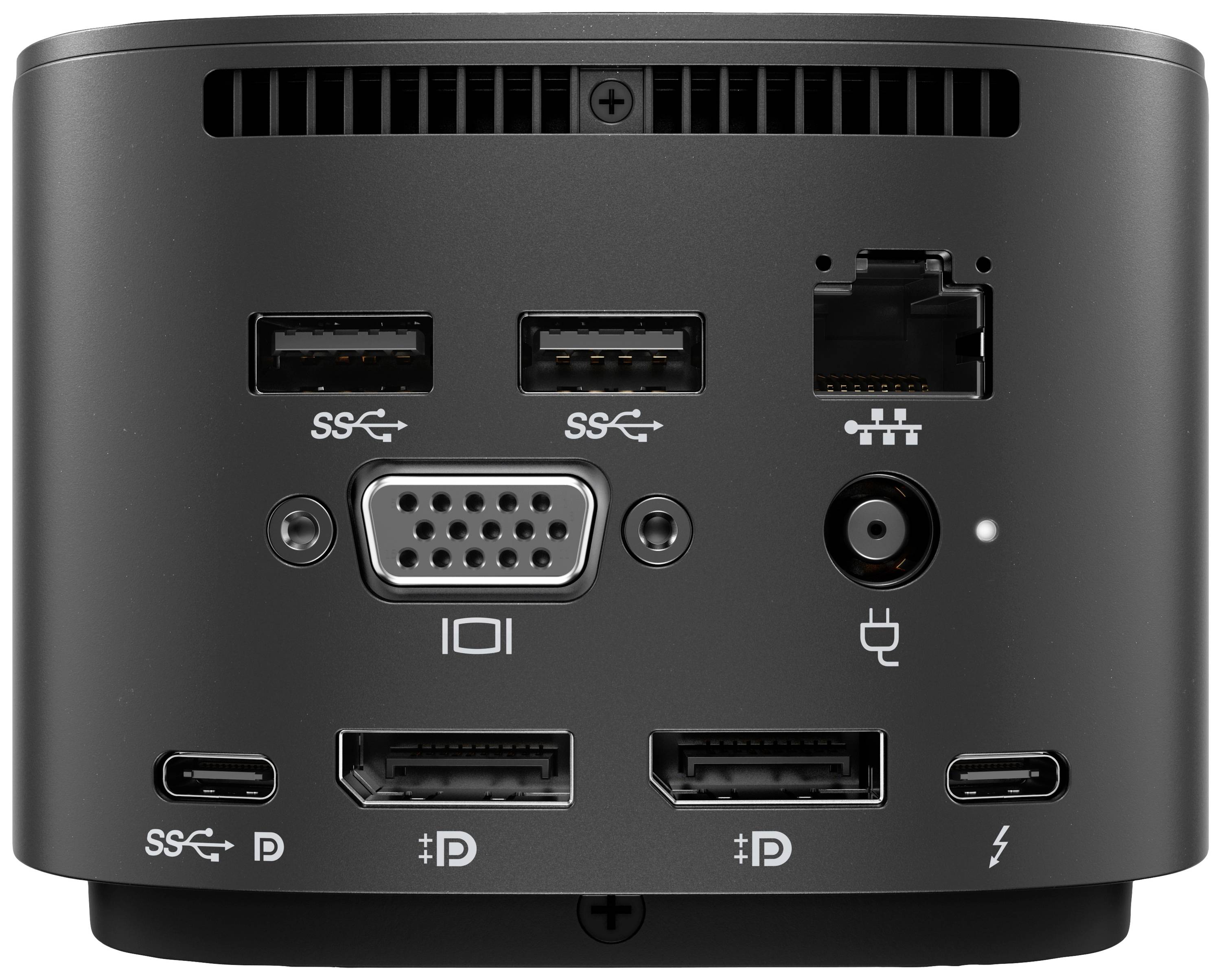 Pole počítačových rozhraní s několika porty: napájecí konektor, VGA, Ethernet, dva DisplayPorty a čtyři USB porty.