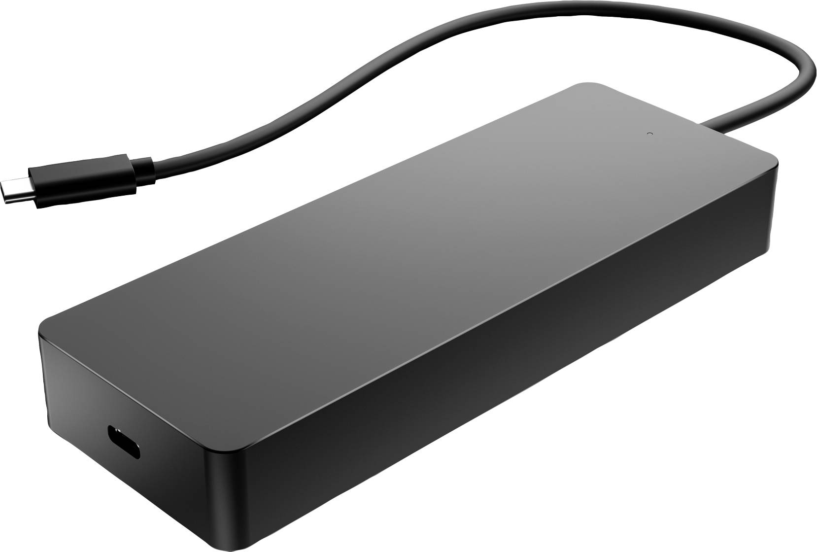 Černý, obdélníkový externí rámeček na pevný disk s USB-C kabelem pro připojení k zařízením.