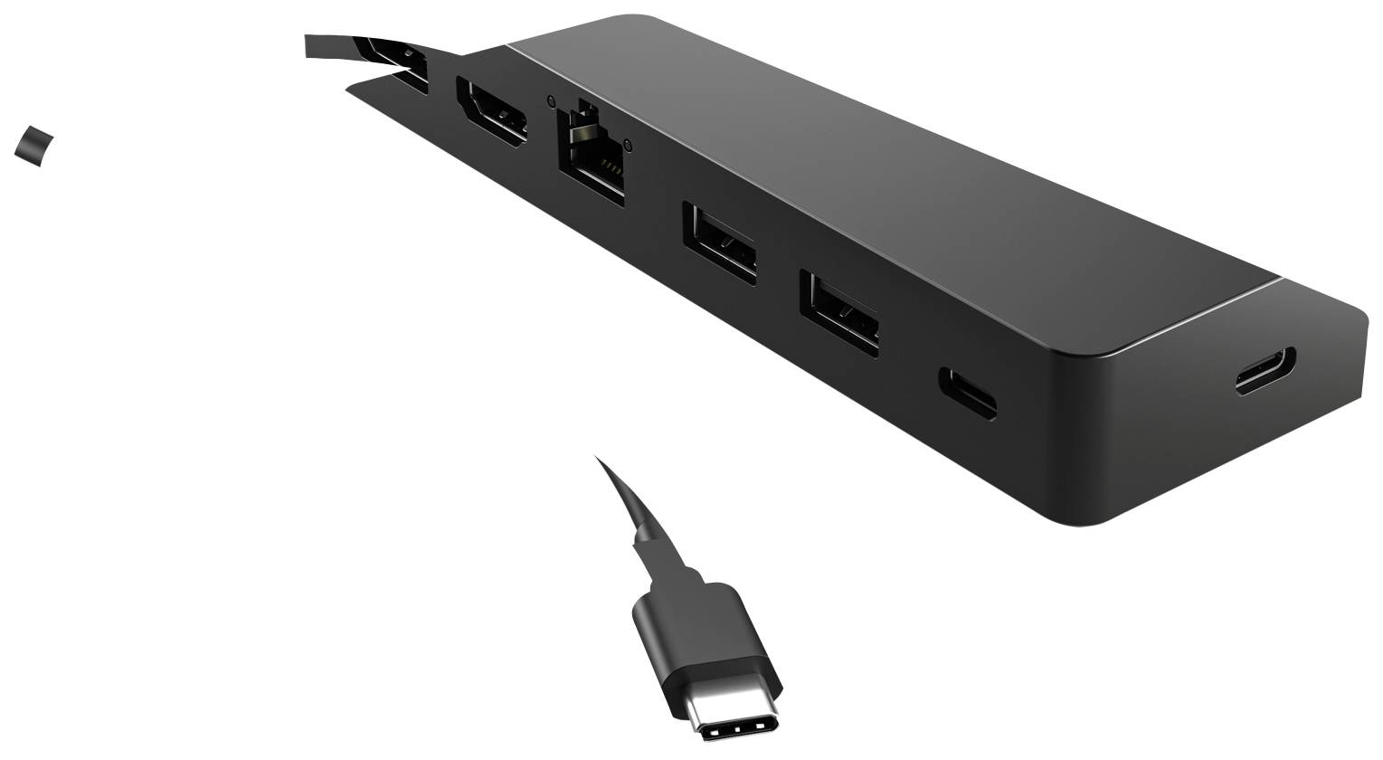 USB-C dokovací stanice s více porty: HDMI, Ethernet, USB-A, USB-C. Kabely pro připojení zařízení. Černá, tenký design.