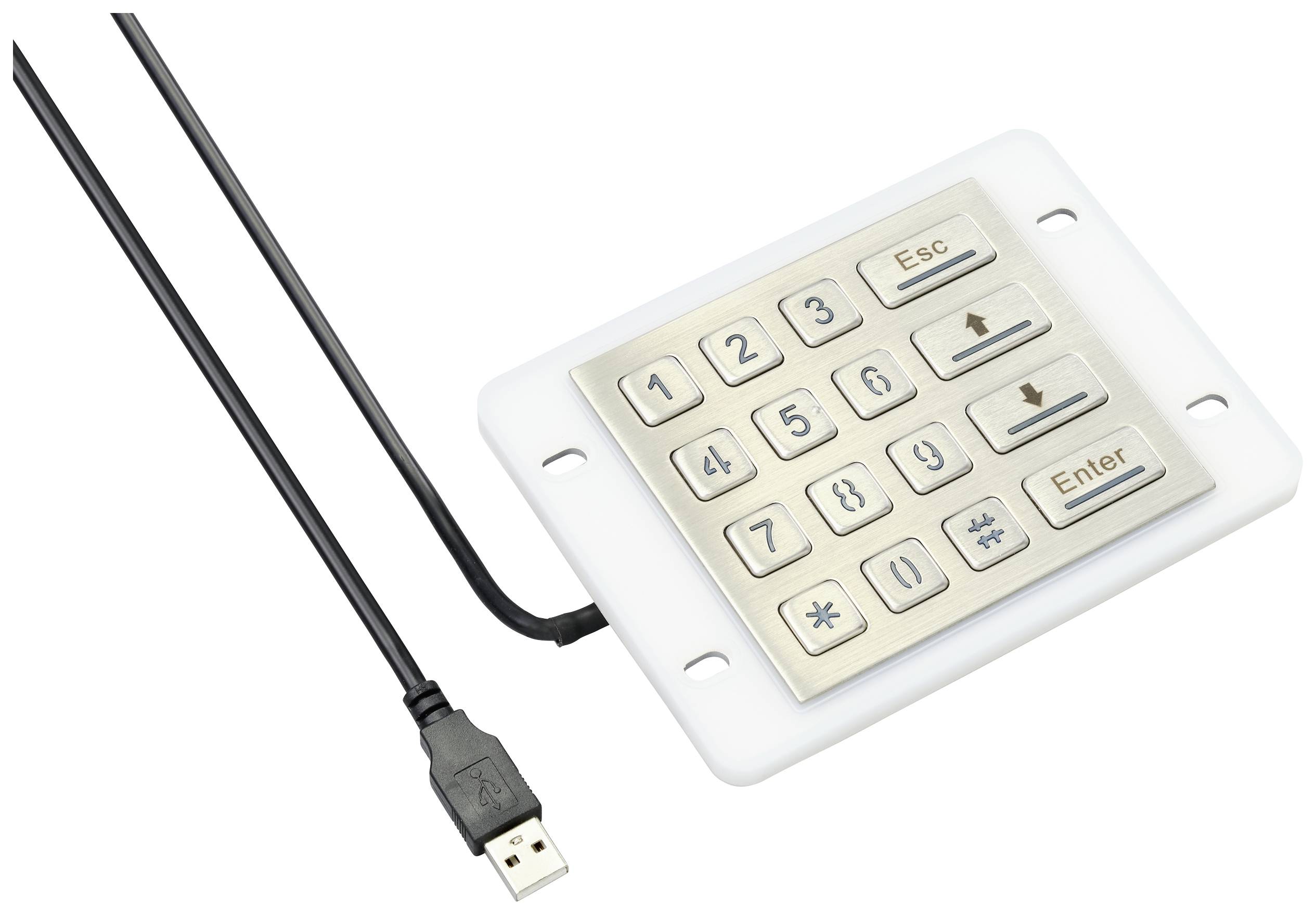 Numerická klávesnice s USB připojením, která obsahuje klávesy pro čísla, 'Esc', 'Enter' a symboly.