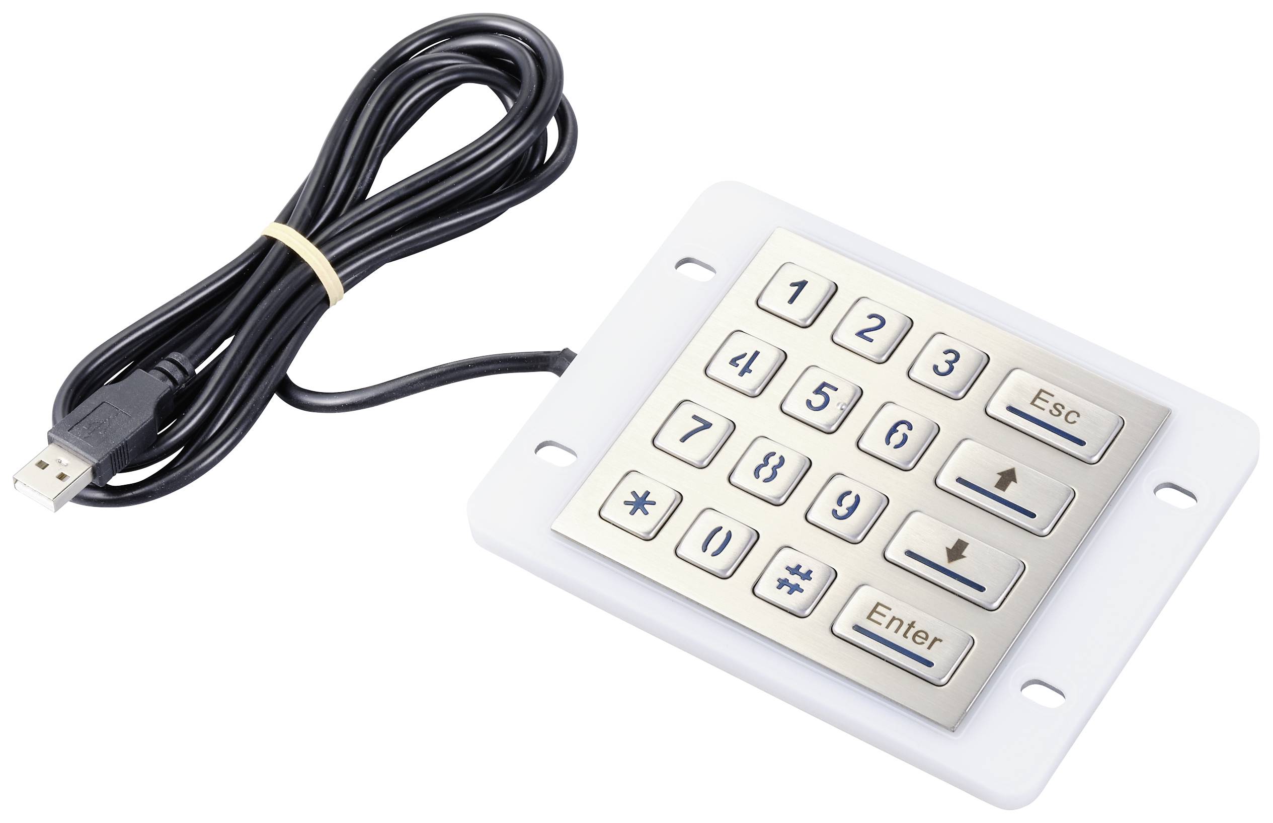 Obdélníková kovová klávesnice s čísly 0-9, klávesami pro 'Esc', '*', '#' a 'Enter'. Připojený USB kabel.