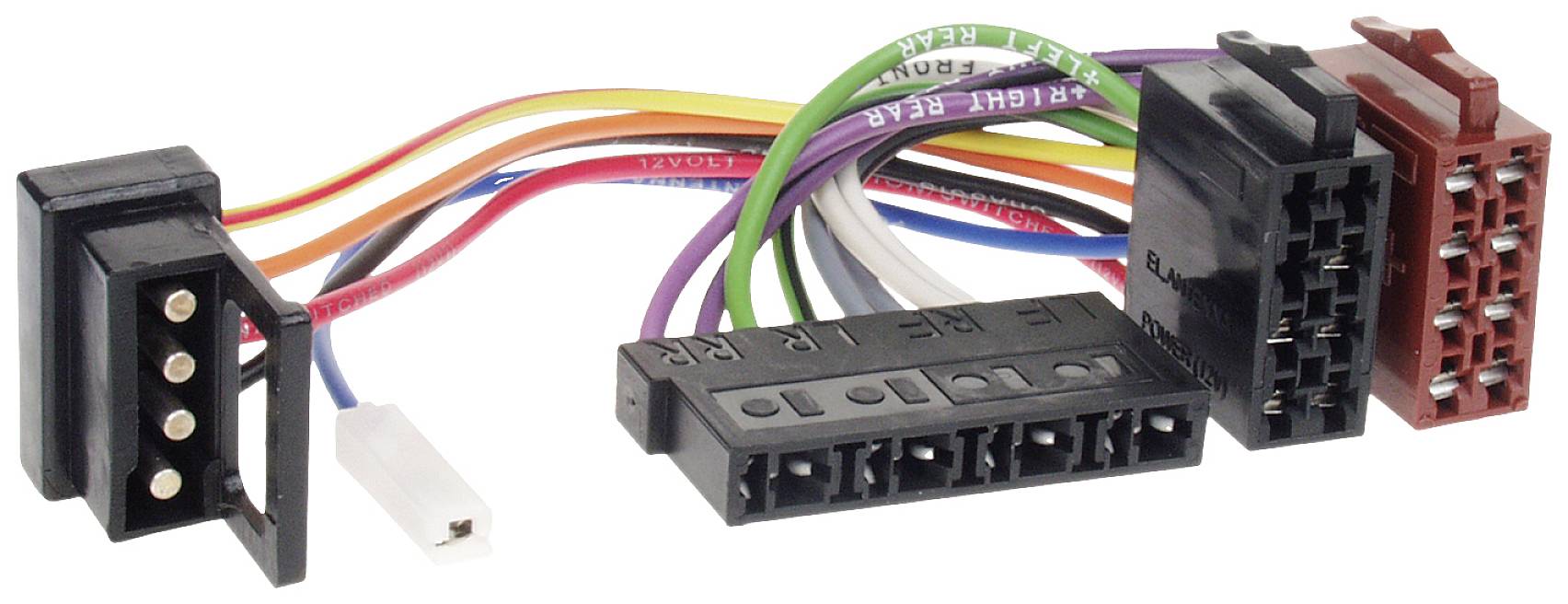 Různobarevné kabely a konektory pro propojení elektronických zařízení, včetně konektoru Molex a vícepolohového konektoru.