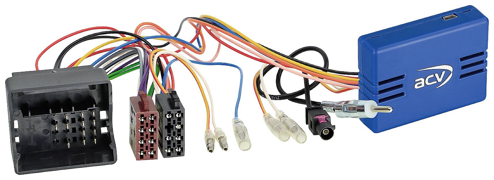 Modrý elektronický připojovací adaptér s barevnými kabely a několika zástrčkami pro připojení v automobilu.