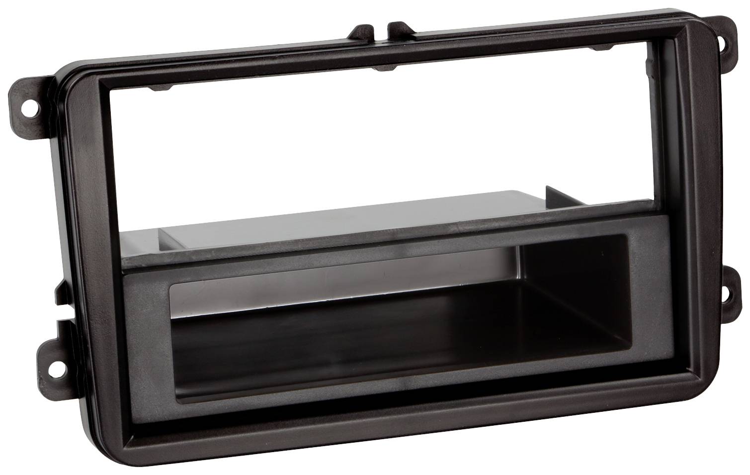 Obdélníkový plastový rám, pravděpodobně držák pro palubní desku automobilu, s výřezy pro přístroje.