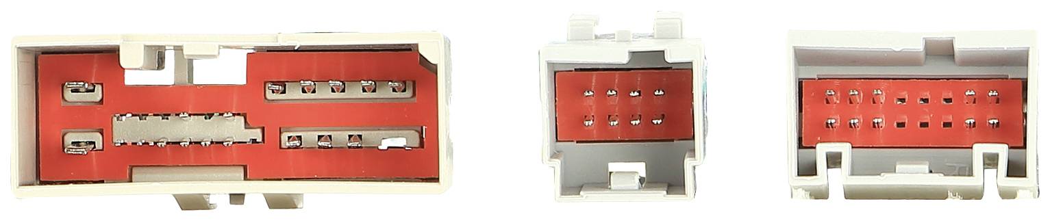 Tři detailní záběry elektrických konektorů s červenými kontakty v bílých pouzdrech, které ukazují různé pohledy.