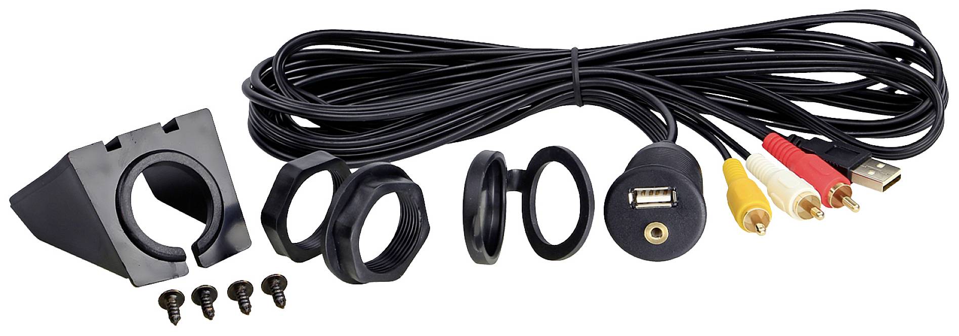 Sada autopříslušenství s instalačním rámečkem, kabely, USB a AV zásuvkami, šrouby. Vhodné pro integraci do automobilových systémů.