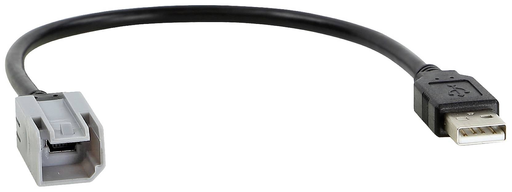 USB kabel s šedou koncovkou na levé straně a černou USB koncovkou na straně pravé, izolovaný na bílém pozadí.